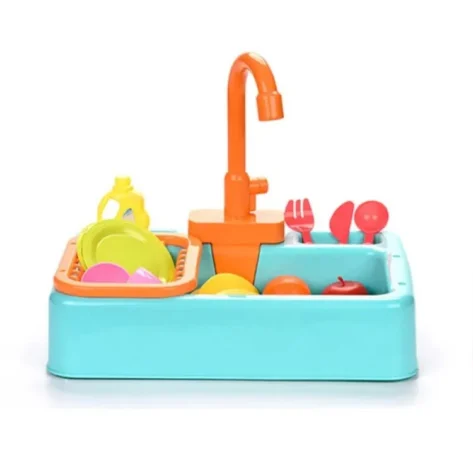Toywala.pk children's kitchen sink toy with running water, toy dishes, fruits, vegetables, and accessories for pretend play in a colorful interactive washing station.