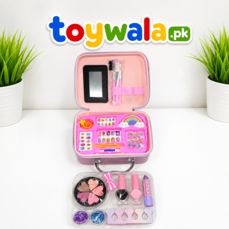 Kids Princess Makeup Kit with Carry Case featuring pretend makeup, toy cosmetics, mirror, makeup brushes, nail stickers, colorful accessories, and beauty tools for imaginative role play.
