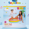 Intex Wet Set Collection inflatable baby pool (86cm x 25cm) featuring a colorful three-ring design in pink, yellow, and blue. Suitable for children aged 1–3 years, this compact paddling pool is ideal for outdoor summer water play and backyard fun.