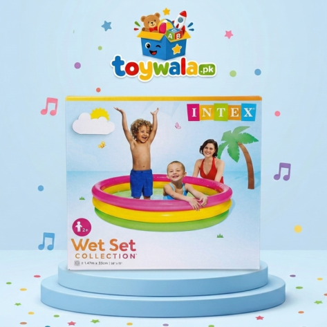 Intex Wet Set Collection Inflatable Kids Swimming Pool (58 x 15 inches / 1.47m x 33cm) with colorful three-ring design, suitable for children aged 2+ for outdoor summer water play and backyard fun.