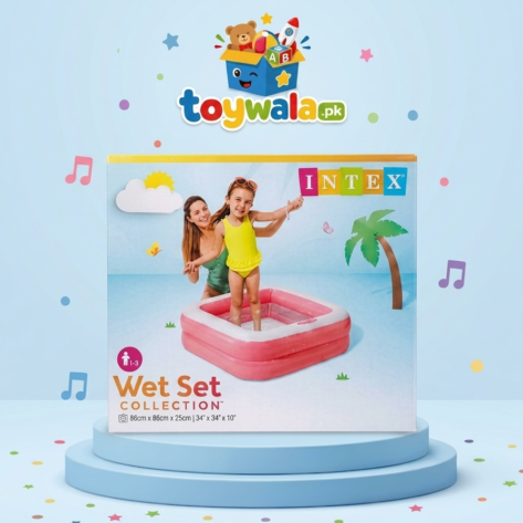 "Intex Wet Set Collection inflatable kids swimming pool (86 x 86 x 25 cm) in retail packaging, displayed on a blue podium with ToyWala.pk branding." You can also use this shorter version: "Intex Wet Set Collection inflatable kids pool 86 x 86 x 25 cm with ToyWala.pk display." Or a more keyword-focused version for e-commerce: "Intex Wet Set Collection inflatable baby swimming pool 86 x 86 x 25 cm – portable kids pool available at ToyWala.pk."