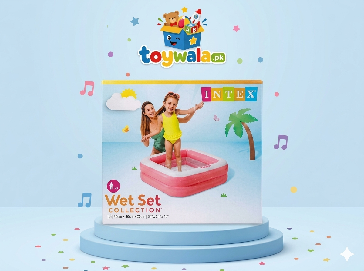 "Intex Wet Set Collection inflatable kids swimming pool (86 x 86 x 25 cm) in retail packaging, displayed on a blue podium with ToyWala.pk branding." You can also use this shorter version: "Intex Wet Set Collection inflatable kids pool 86 x 86 x 25 cm with ToyWala.pk display." Or a more keyword-focused version for e-commerce: "Intex Wet Set Collection inflatable baby swimming pool 86 x 86 x 25 cm – portable kids pool available at ToyWala.pk."