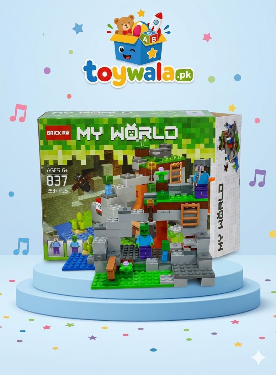 "My World 837 building block construction set featuring a mine adventure scene with 253+ pieces, character figures, and accessories. Creative DIY brick toy for kids aged 6 years and above, inspired by pixel-style adventure games."