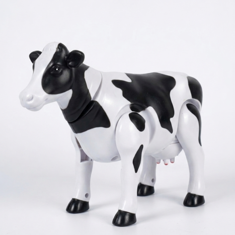 Black and white plastic dairy cow toy for kids with realistic design, durable construction, and smooth edges – educational farm animal toy for imaginative play.