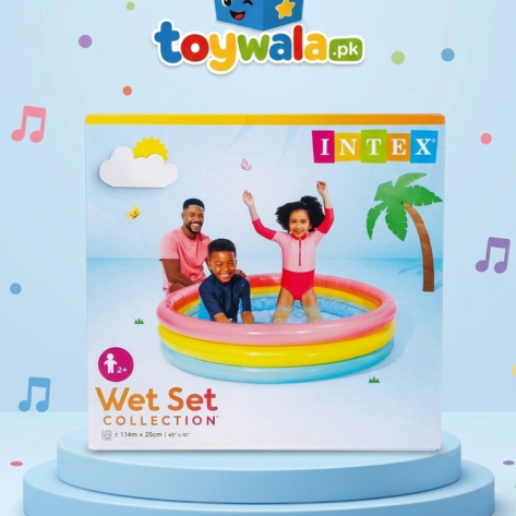 Intex Wet Set Collection inflatable kiddie pool (45" x 10") for ages 2+, featuring a colorful three-ring rainbow design. Product box displayed with children enjoying the pool, ideal for outdoor summer water play.