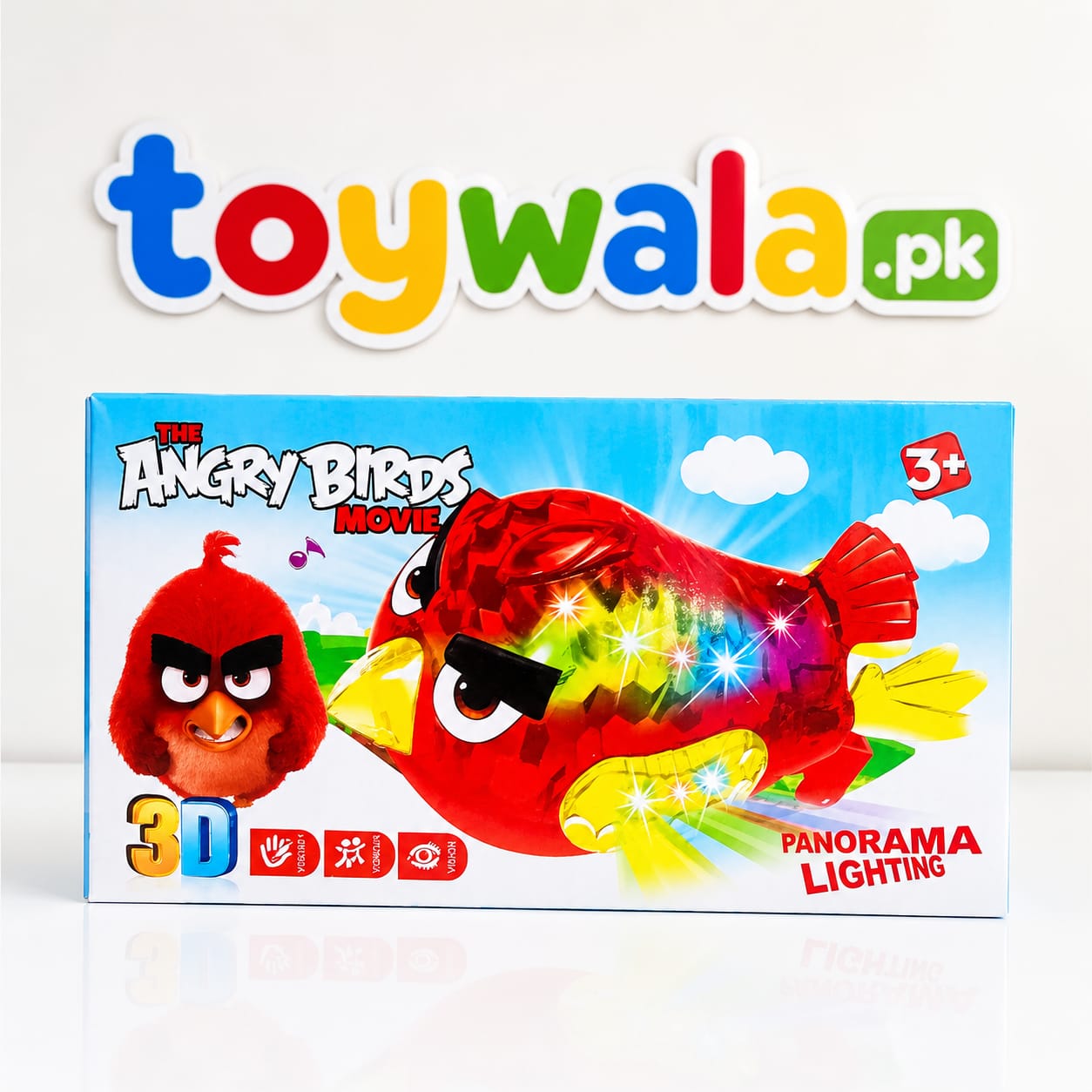 "Angry Birds Movie 3D musical toy for kids featuring colorful panorama lighting, flashing LED lights, sound effects, and a red Angry Birds-themed bird design. Suitable for children ages 3 and above."