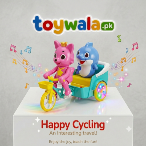 Happy Cycling Musical Tricycle Toy with Pink Princess Cat and Blue Shark Characters, Colorful LED Lights and Interactive Design for Kids