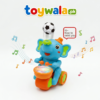 Musical blue elephant toy on a tricycle with light-up drum and floating soccer ball.