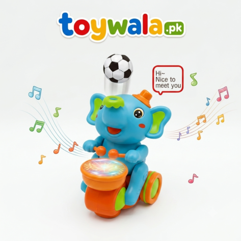 Musical blue elephant toy on a tricycle with light-up drum and floating soccer ball.