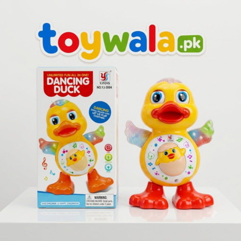 Colorful yellow dancing duck toy with flashing wings, music, and lights, displayed beside its packaging.