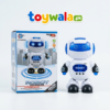White and blue remote-controlled robot toy with LED lights, shown beside its product box