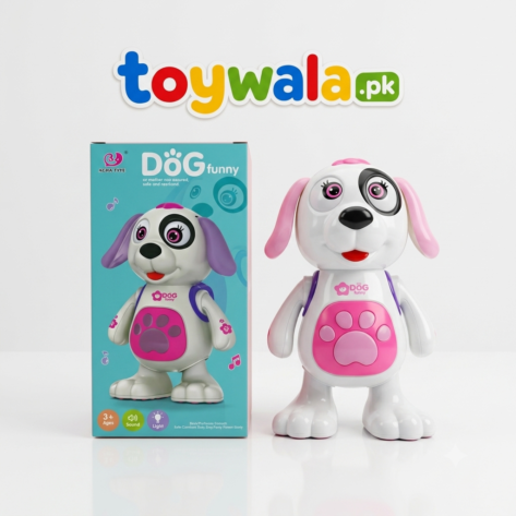 A standing electronic toy dog next to its turquoise product box set against a plain light background. The white cartoonish dog features pink floppy ears, a black spot around its left eye, a pink belly with a paw print design, and purple accents on its shoulders. The box displays the toy illustration along with the text "DOG funny" and feature icons for age rating (3+), sound, and light. A "toywala.pk" logo is visible at the top.