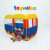 Pop-up bus play tent for kids featuring mesh ventilation windows, cartoon eyes, and printed wheels on a white background.