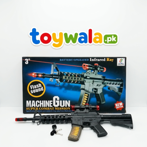 Battery-operated machine gun toy with infrared ray, flash and sound effects, featuring a realistic black design and accessories.