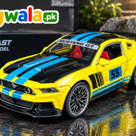 Yellow Mustang GT die-cast metal model car with blue racing stripes and sporty detailing.