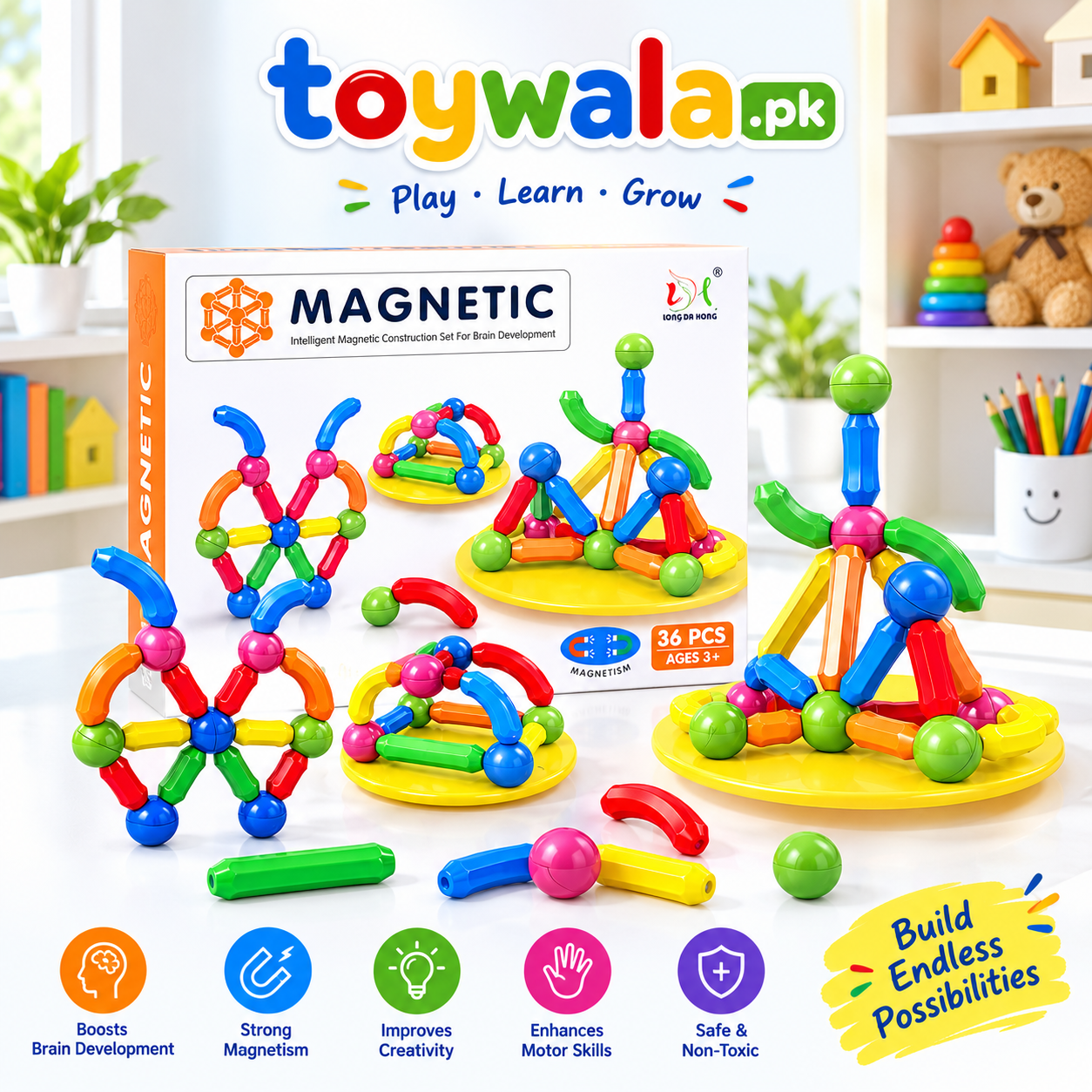 Colorful 36-Piece Magnetic Construction Building Blocks Set