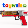 Interactive electric water spray toy gun with red, white, and transparent futuristic design, featuring precision shooting graphics, LED lights, sound effects, and a water spray function.