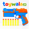 Blue and orange toy softball blaster with seven yellow foam darts, shown with its retail packaging, designed for safe pretend-play fun for children ages 3+.