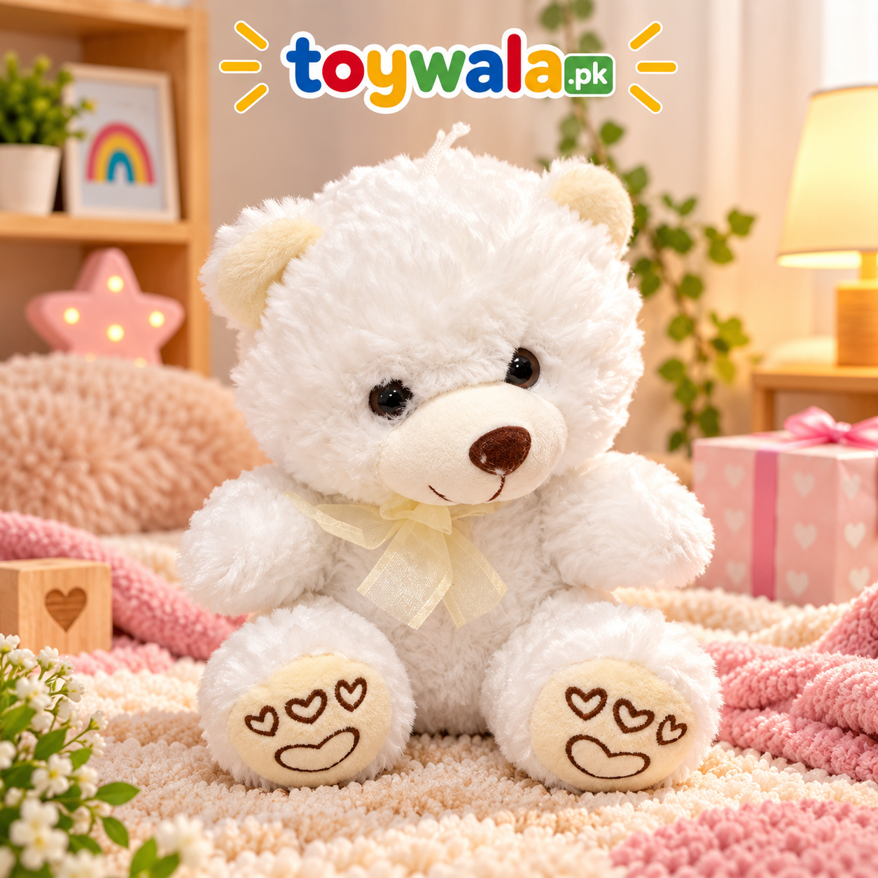 White Teddy Bear Plush Toy with Heart Print Paws