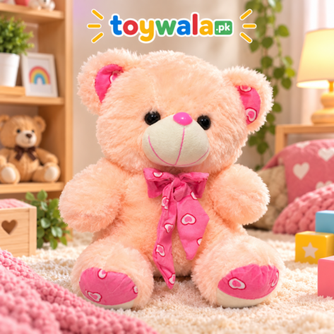 Cute Peach Teddy Bear with Pink Heart Bow / Large