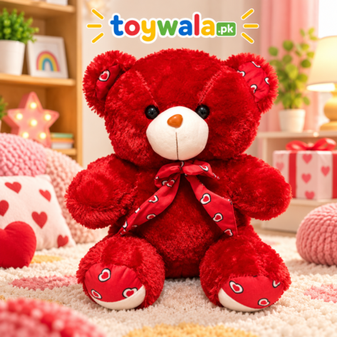 Red Teddy Bear Plush Toy with Heart Print Bow